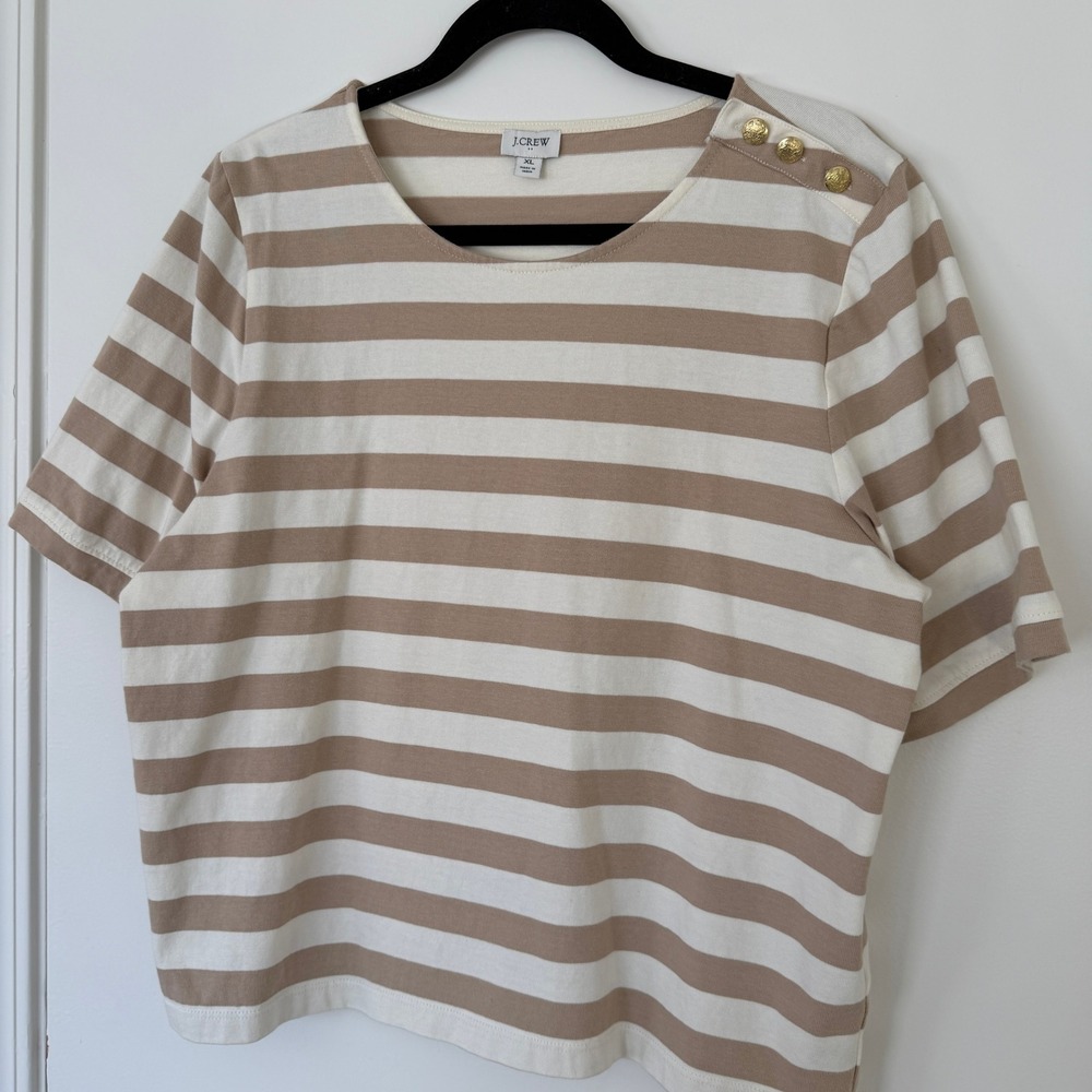J.Crew‎ Womens XL Striped Short Sleeve Boatneck Top Gold Button Shoulder Beige - Picture 3 of 9